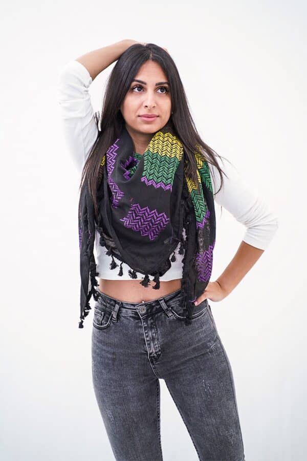 Lavender Dark Hirbawi® Kufiya Woman Pose